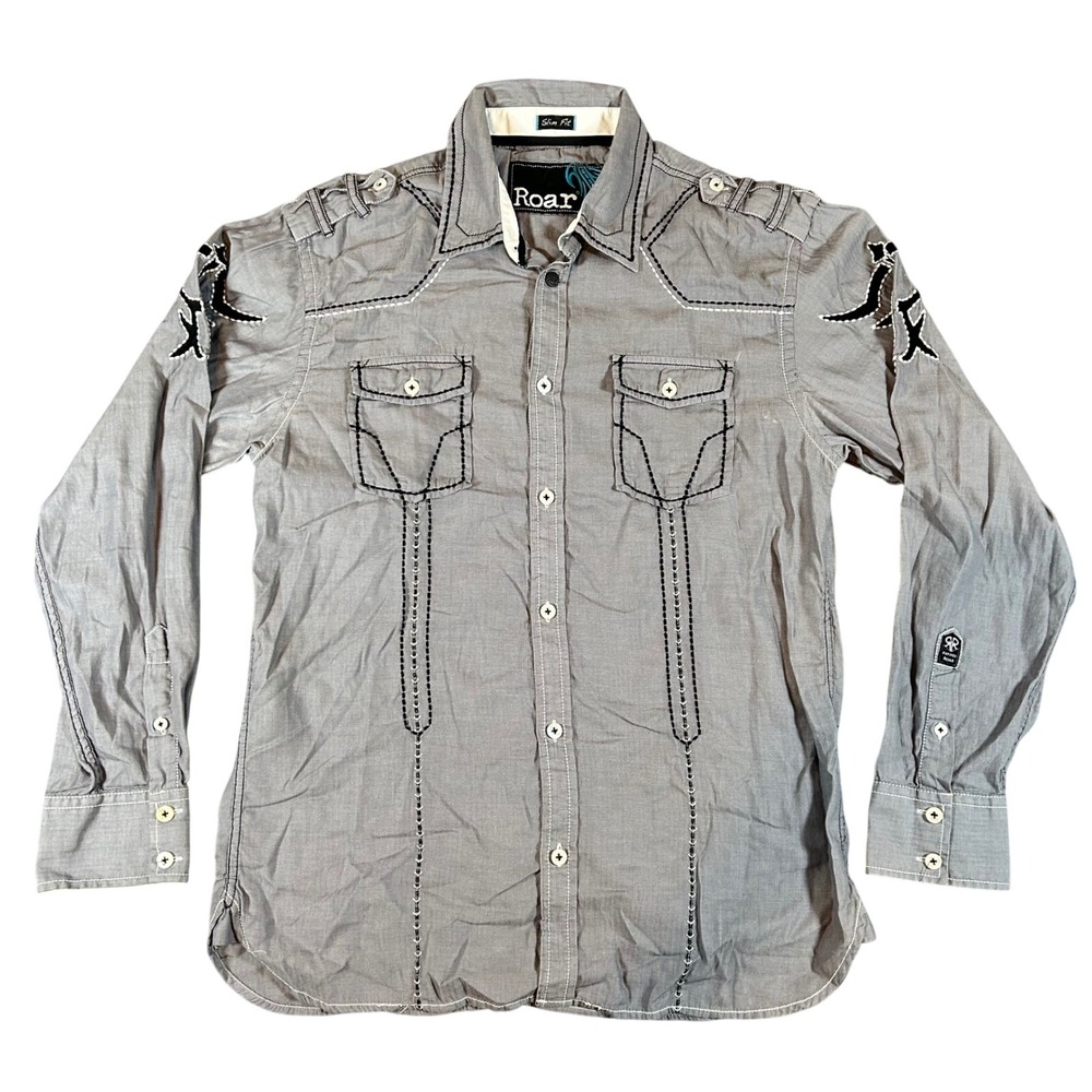 Roar Mens Slim Fit Grey Herringbone Embroidered Western Button Down Shirt Large